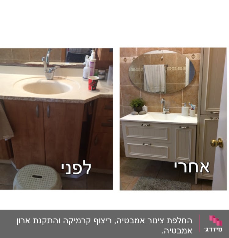 תמונת לפני ואחרי של שיפוץ כיור אמבטיה